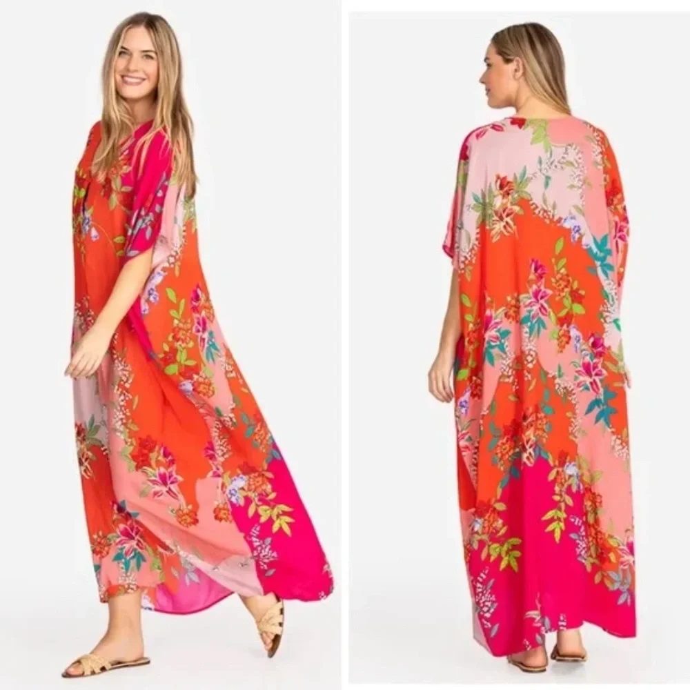 Johnny Was Nanya V-Neck Oversized Floral Print Maxi Kaftan in Red Blush Sz L/XL - Picture 1 of 12